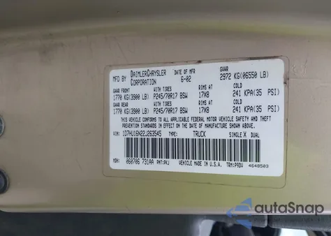 2002 Dodge Ram 1500 St из США, поврежденный, VIN 1D7HU16N22J263545